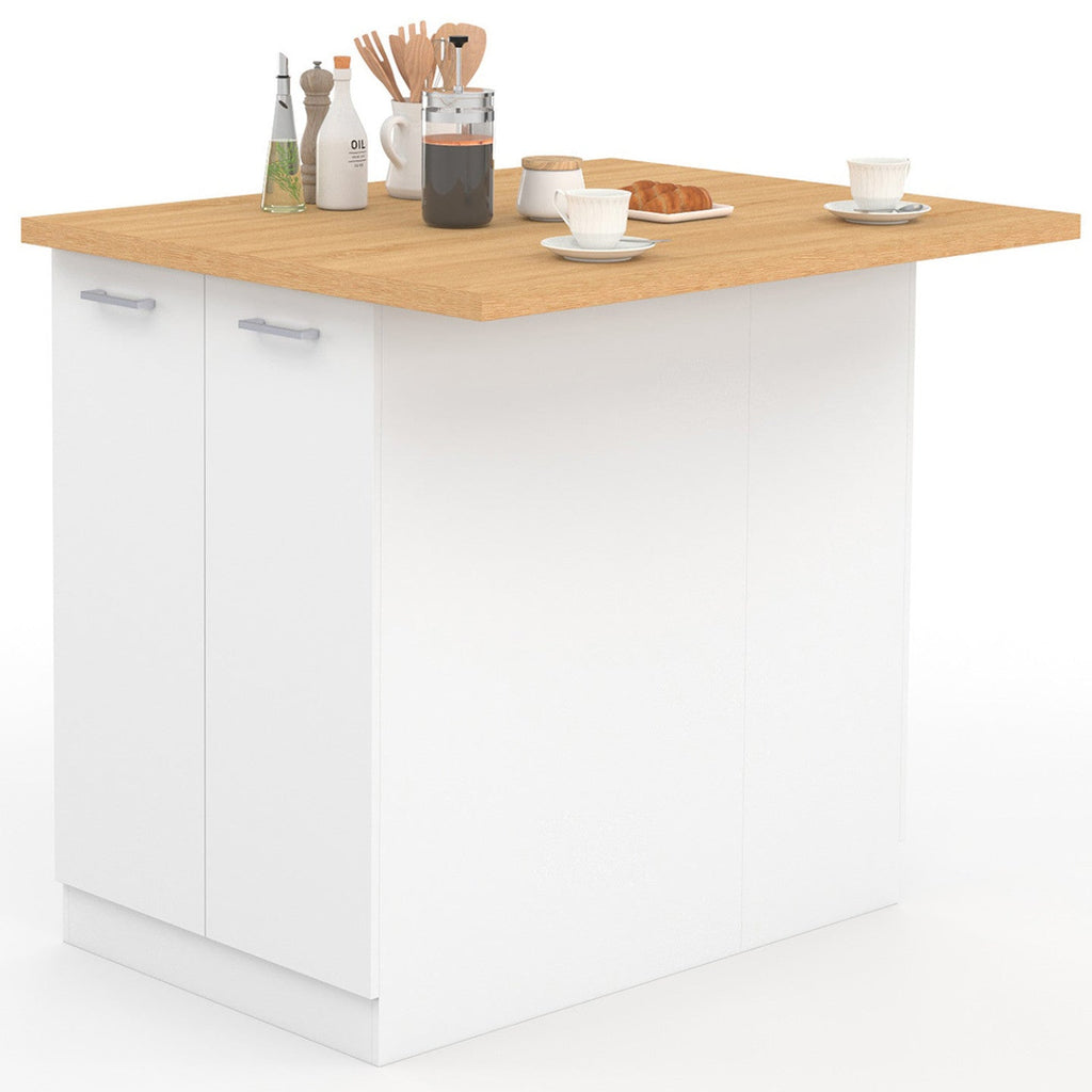 Îlot central IVO 100 cm blanc avec plan de travail décor hêtre