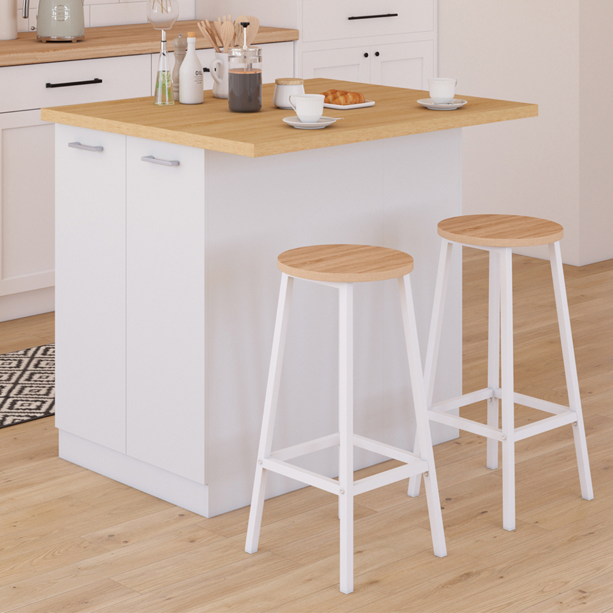 Îlot central IVO 100 cm blanc avec plan de travail décor hêtre