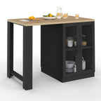 Îlot central LINO 120 cm pour 2 personnes, bois noir avec plan de travail effet hêtre et portes vitrées