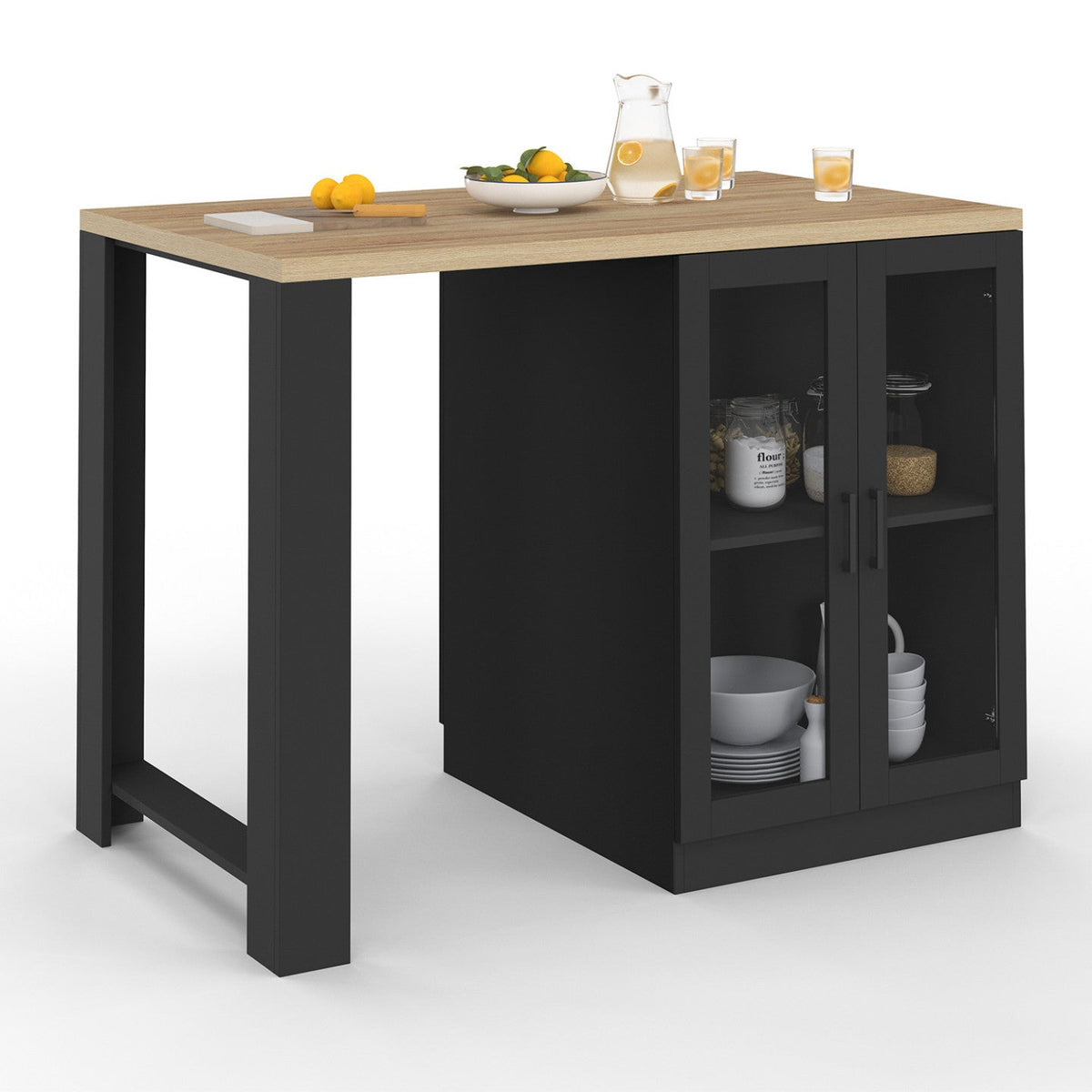 Îlot central LINO 120 cm pour 2 personnes, bois noir avec plan de travail effet hêtre et portes vitrées