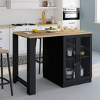 Îlot central LINO 120 cm pour 2 personnes, bois noir avec plan de travail effet hêtre et portes vitrées