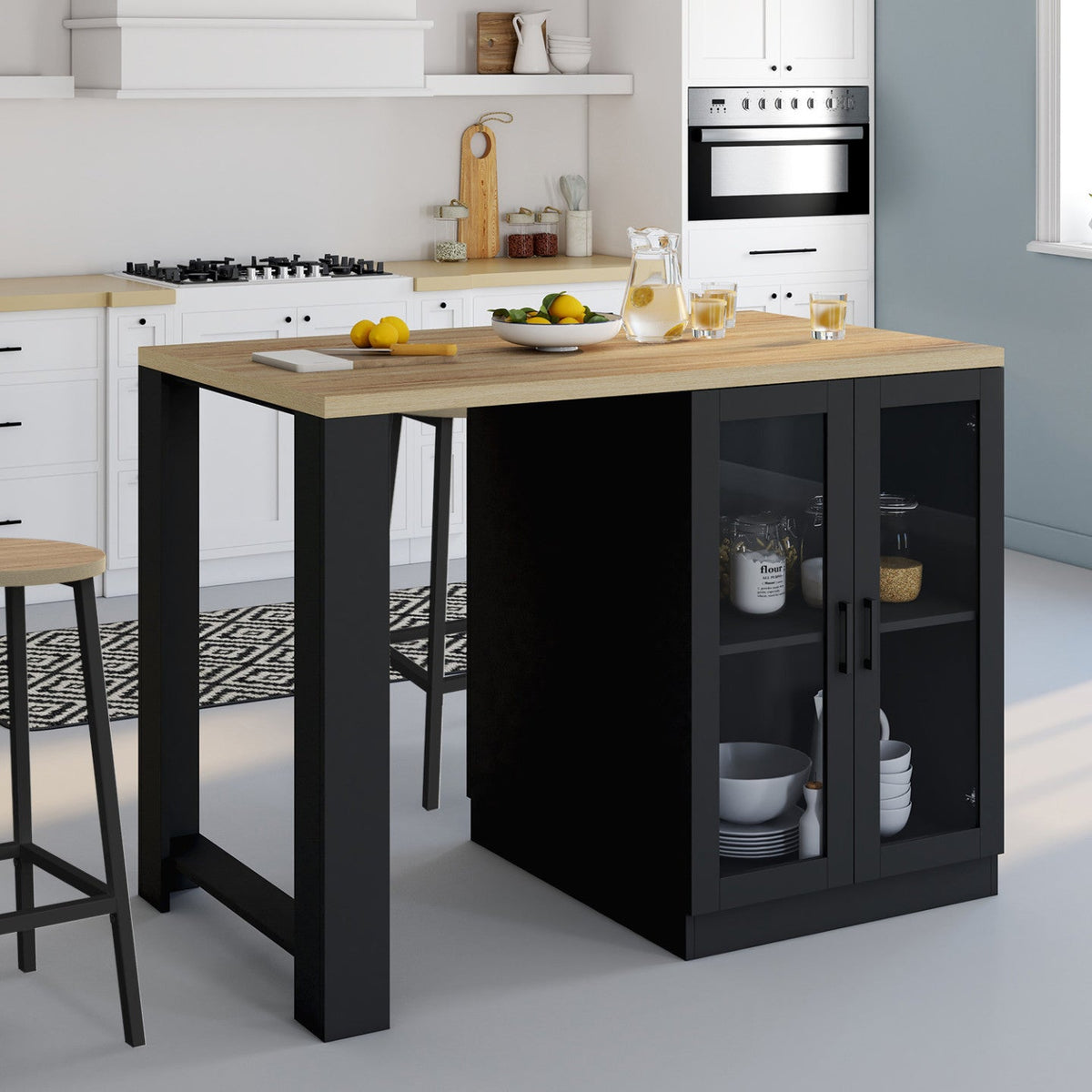 Îlot central LINO 120 cm pour 2 personnes, bois noir avec plan de travail effet hêtre et portes vitrées