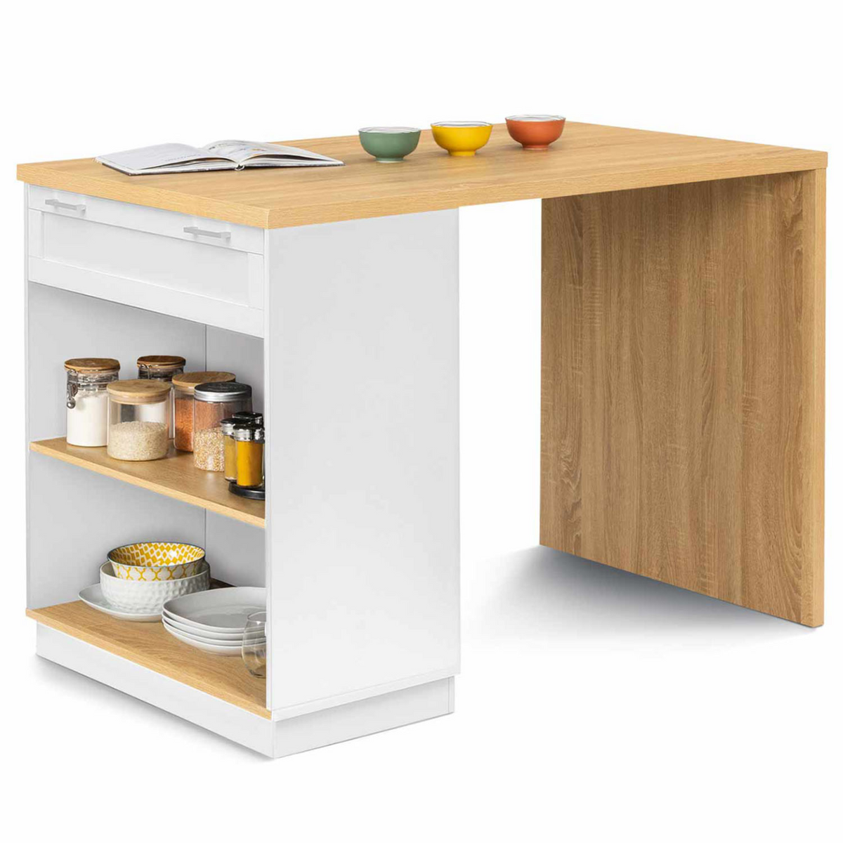 Îlot central mange-debout 4 personnes VITO 130 cm blanc et plateau bois