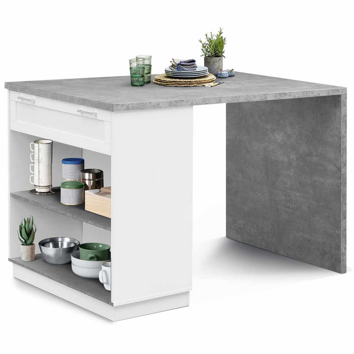 Îlot central mange-debout 4 personnes VITO 130 cm blanc et plateau effet béton