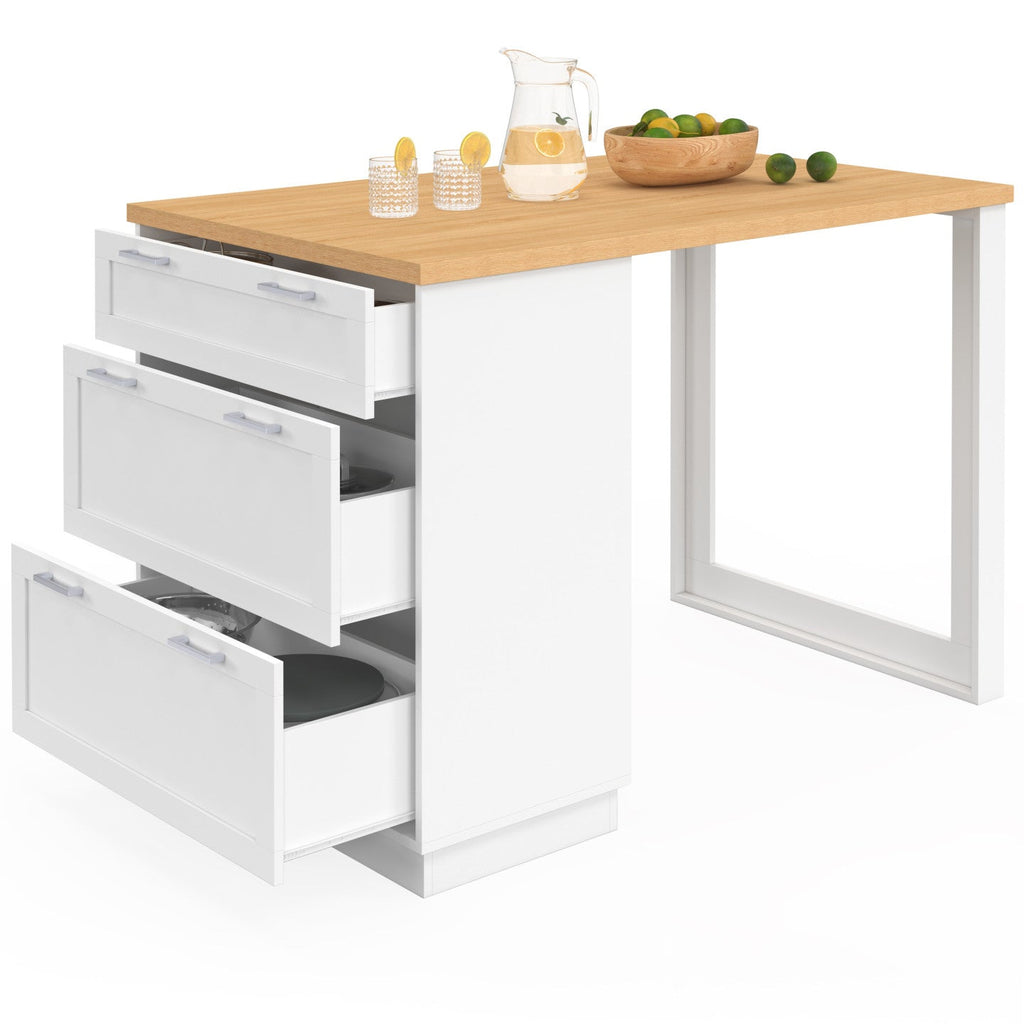 Îlot central mange-debout 4 personnes VITO 130 cm, casserolier 3 tiroirs blanc et plateau bois
