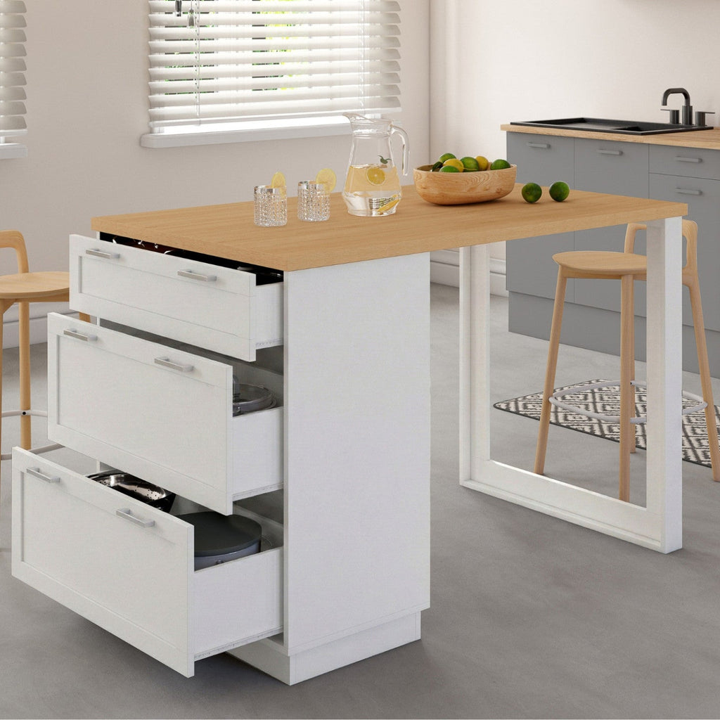 Îlot central mange-debout 4 personnes VITO 130 cm, casserolier 3 tiroirs blanc et plateau bois