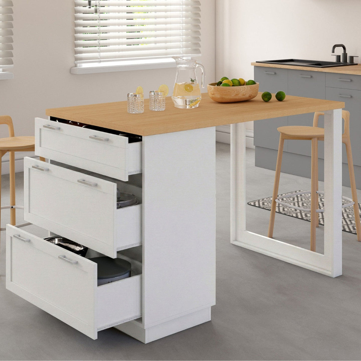 Îlot central mange-debout 4 personnes VITO 130 cm, casserolier 3 tiroirs blanc et plateau bois