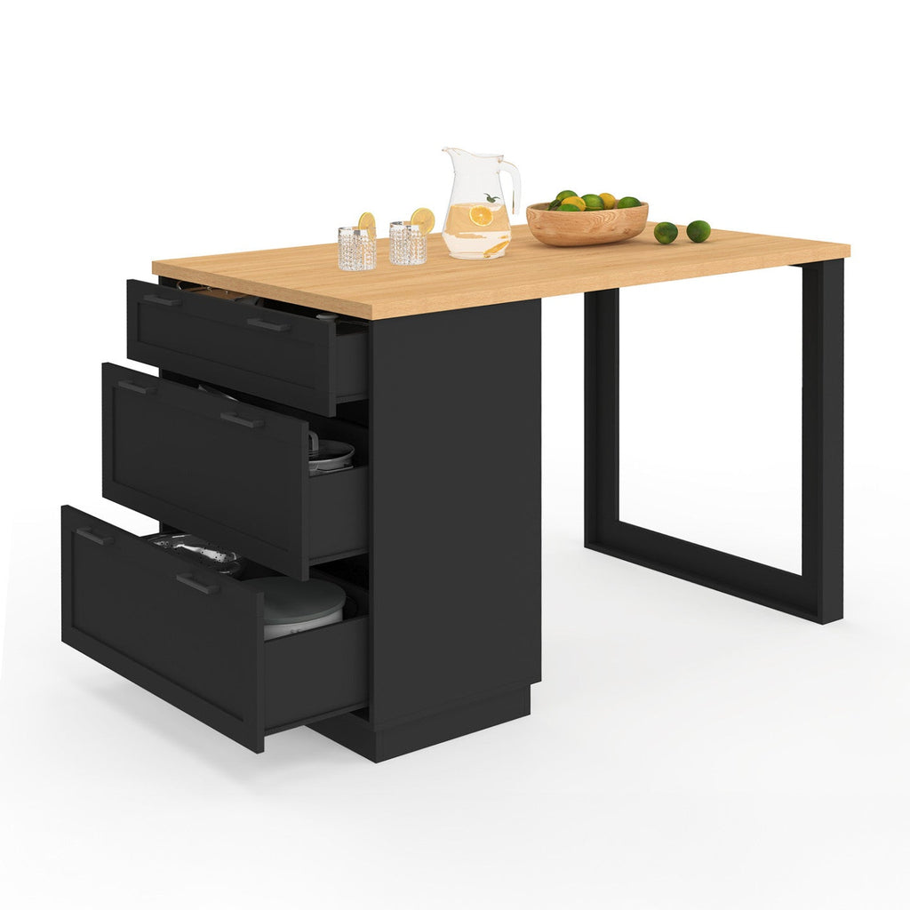 Îlot central mange-debout 4 personnes VITO 130 cm avec casserolier 3 tiroirs noir et plateau bois