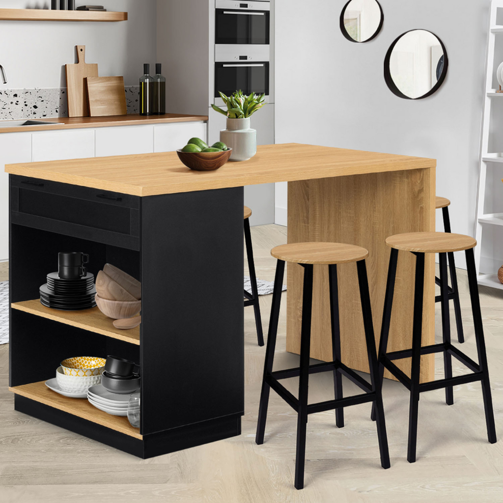 Îlot central mange-debout 4 personnes VITO 130 cm noir et plateau bois