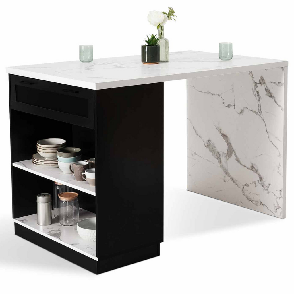 Îlot central mange-debout 4 personnes VITO 130 cm noir et plateau effet marbre ALASKA