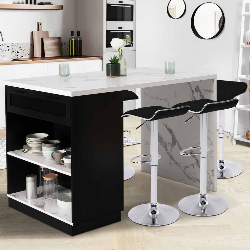 Îlot central mange-debout 4 personnes VITO 130 cm noir et plateau effet marbre ALASKA