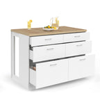 Îlot central mange-debout ORSO 120 cm, casserolier 6 tiroirs blanc avec plan de travail façon hêtre