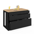 Îlot central mange-debout ORSO 120 cm, casserolier 6 tiroirs noir avec plan de travail décor hêtre