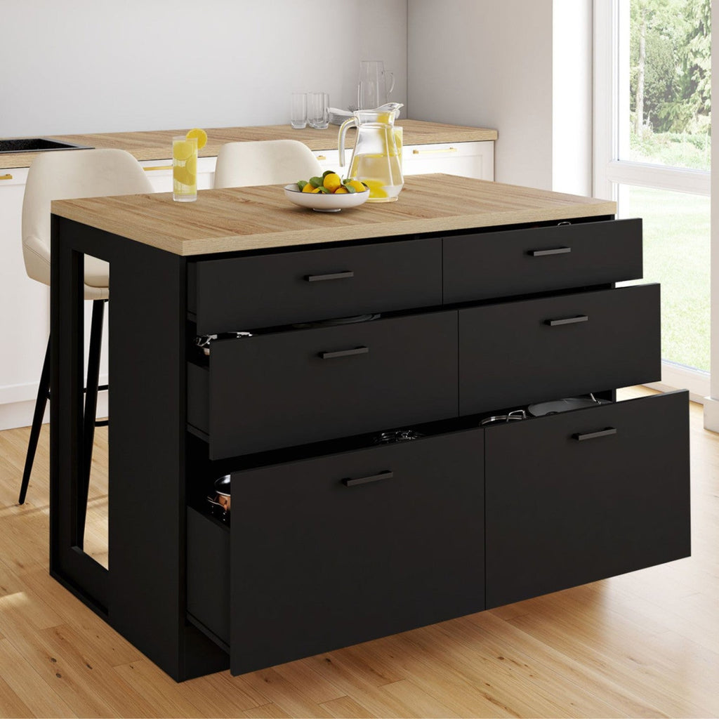 Îlot central mange-debout ORSO 120 cm, casserolier 6 tiroirs noir avec plan de travail décor hêtre
