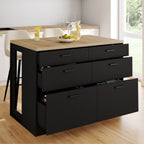 Îlot central mange-debout ORSO 120 cm, casserolier 6 tiroirs noir avec plan de travail décor hêtre