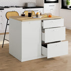 Îlot central TIBO 110 cm casserolier 3 tiroirs blanc bois avec plan de travail effet hêtre