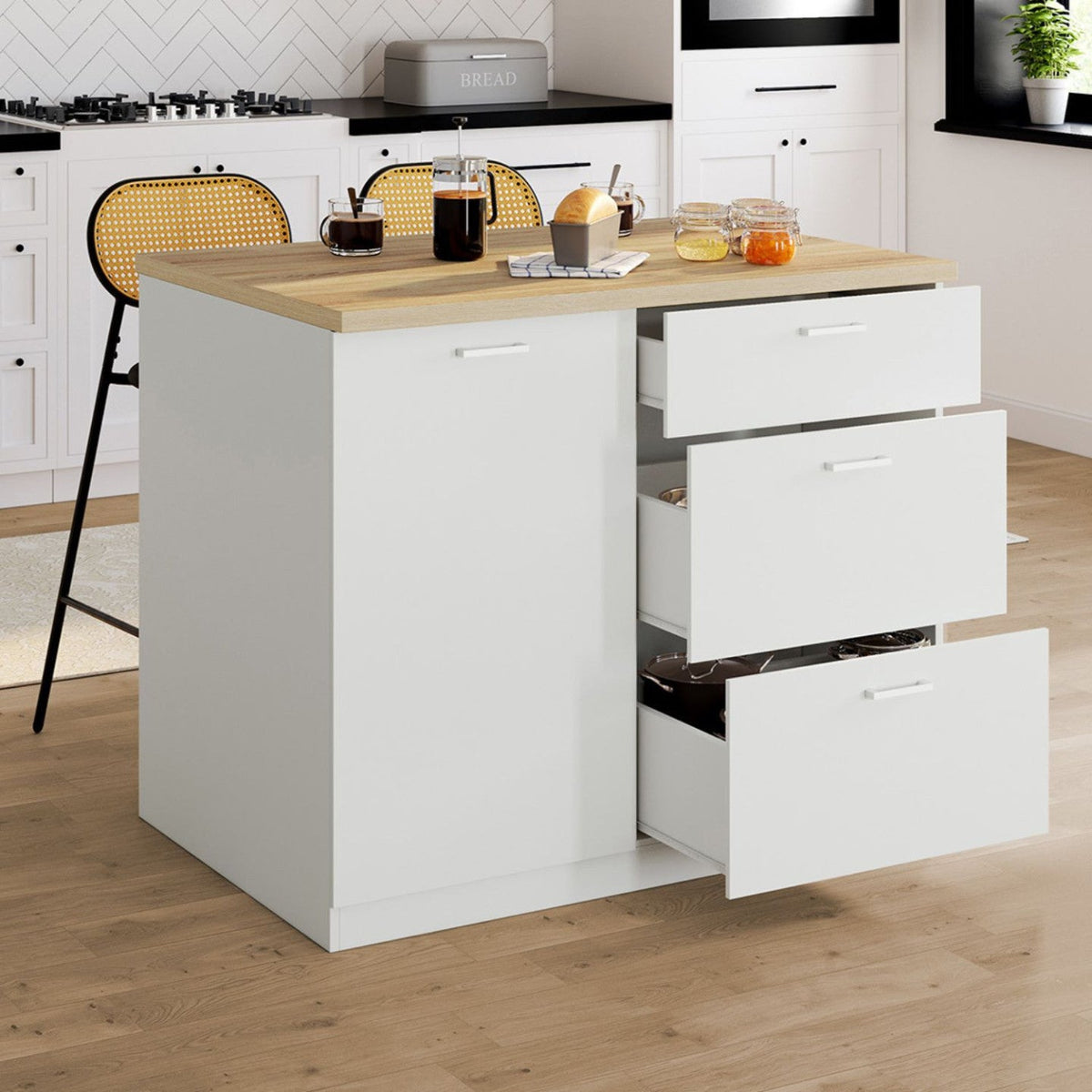 Îlot central TIBO 110 cm casserolier 3 tiroirs blanc bois avec plan de travail effet hêtre