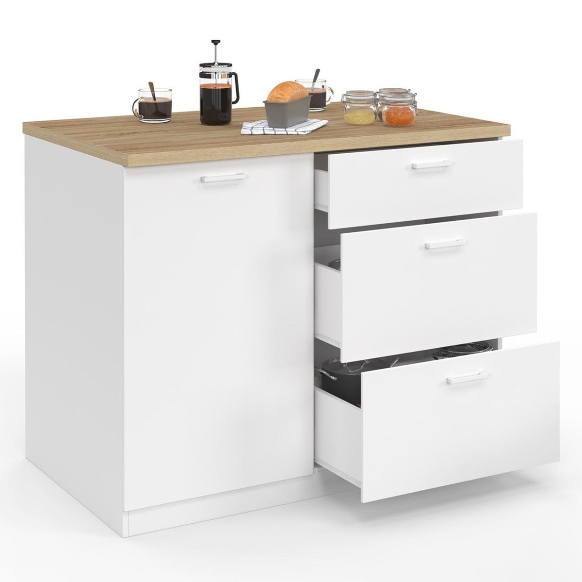 Îlot central TIBO 110 cm casserolier 3 tiroirs blanc bois avec plan de travail effet hêtre