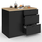 Îlot central TIBO 110 cm, casserolier 3 tiroirs noir, avec plan de travail décor hêtre