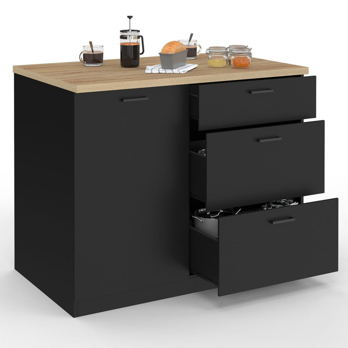 Îlot central TIBO 110 cm, casserolier 3 tiroirs noir, avec plan de travail décor hêtre