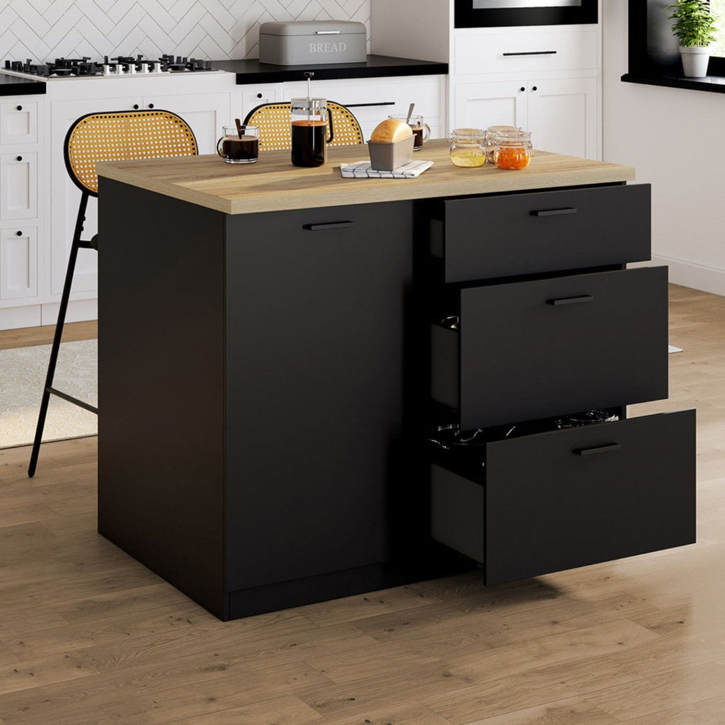 Îlot central TIBO 110 cm, casserolier 3 tiroirs noir, avec plan de travail décor hêtre