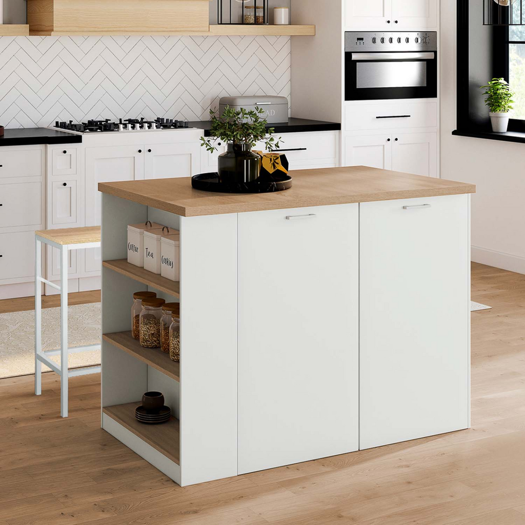 Îlot central TIBO 120 cm bois blanc avec plan de travail façon hêtre