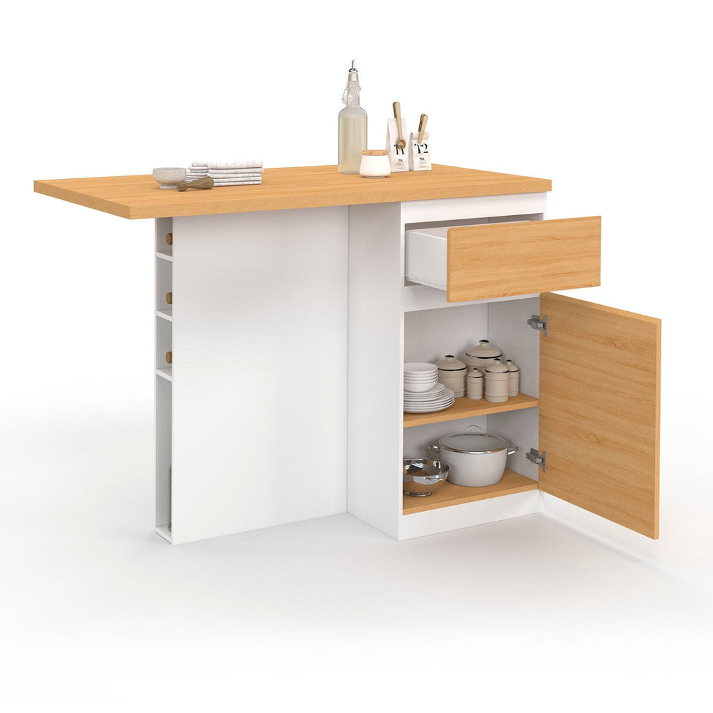 Îlot central TINO 120 cm avec range-bouteilles 4 personnes bois blanc avec plan de travail façon hêtre