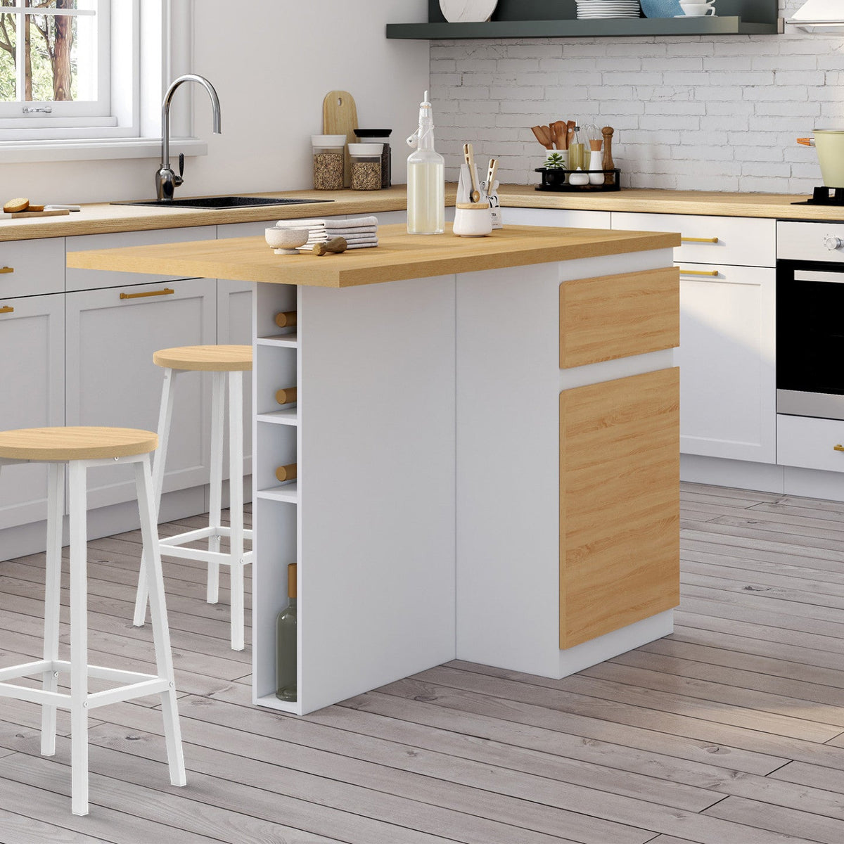 Îlot central TINO 120 cm avec range-bouteilles 4 personnes bois blanc avec plan de travail façon hêtre