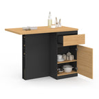 Îlot central TINO 120 cm avec range-bouteilles 4 personnes bois noir avec plan de travail façon hêtre