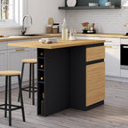 Îlot central TINO 120 cm avec range-bouteilles 4 personnes bois noir avec plan de travail façon hêtre
