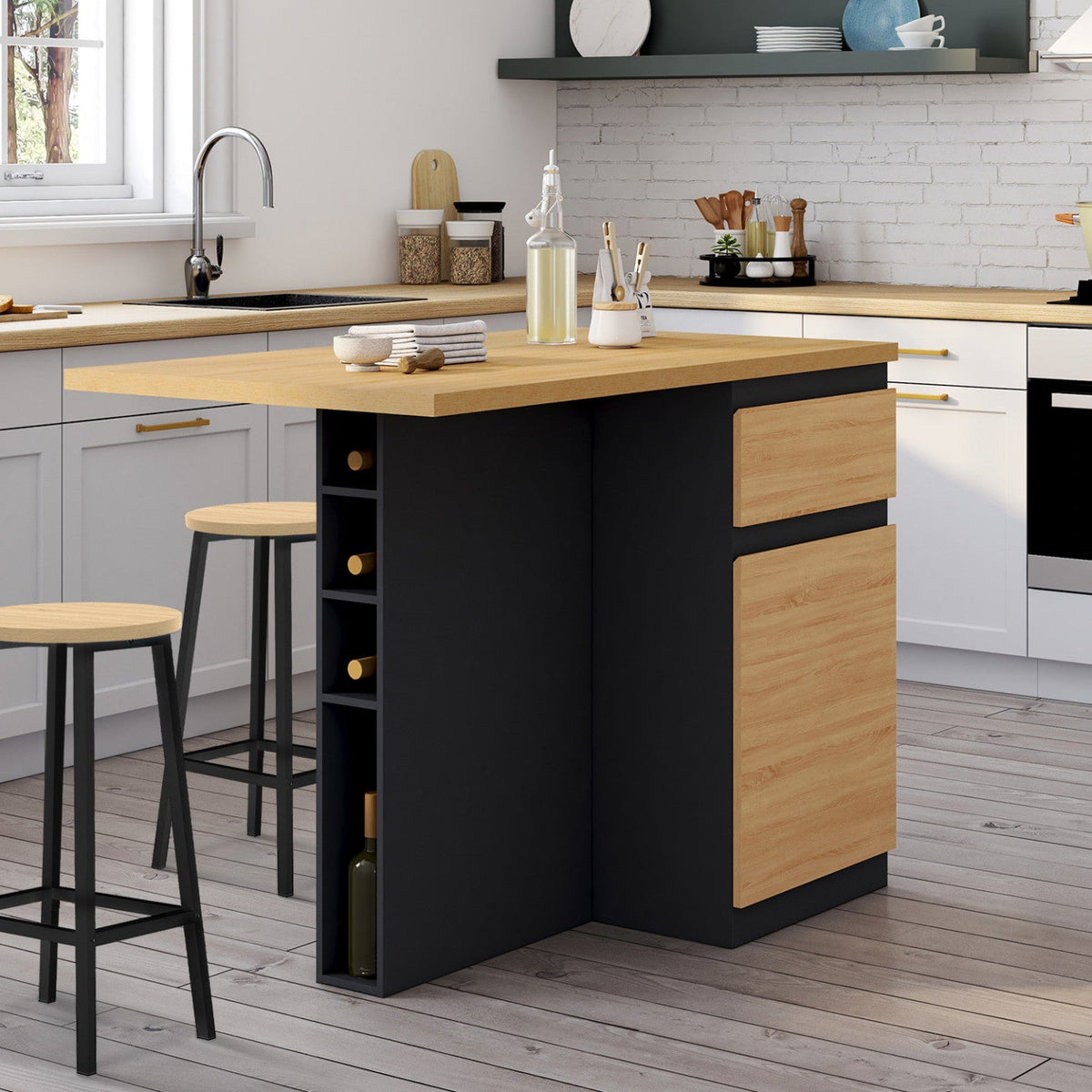 Îlot central TINO 120 cm avec range-bouteilles 4 personnes bois noir avec plan de travail façon hêtre