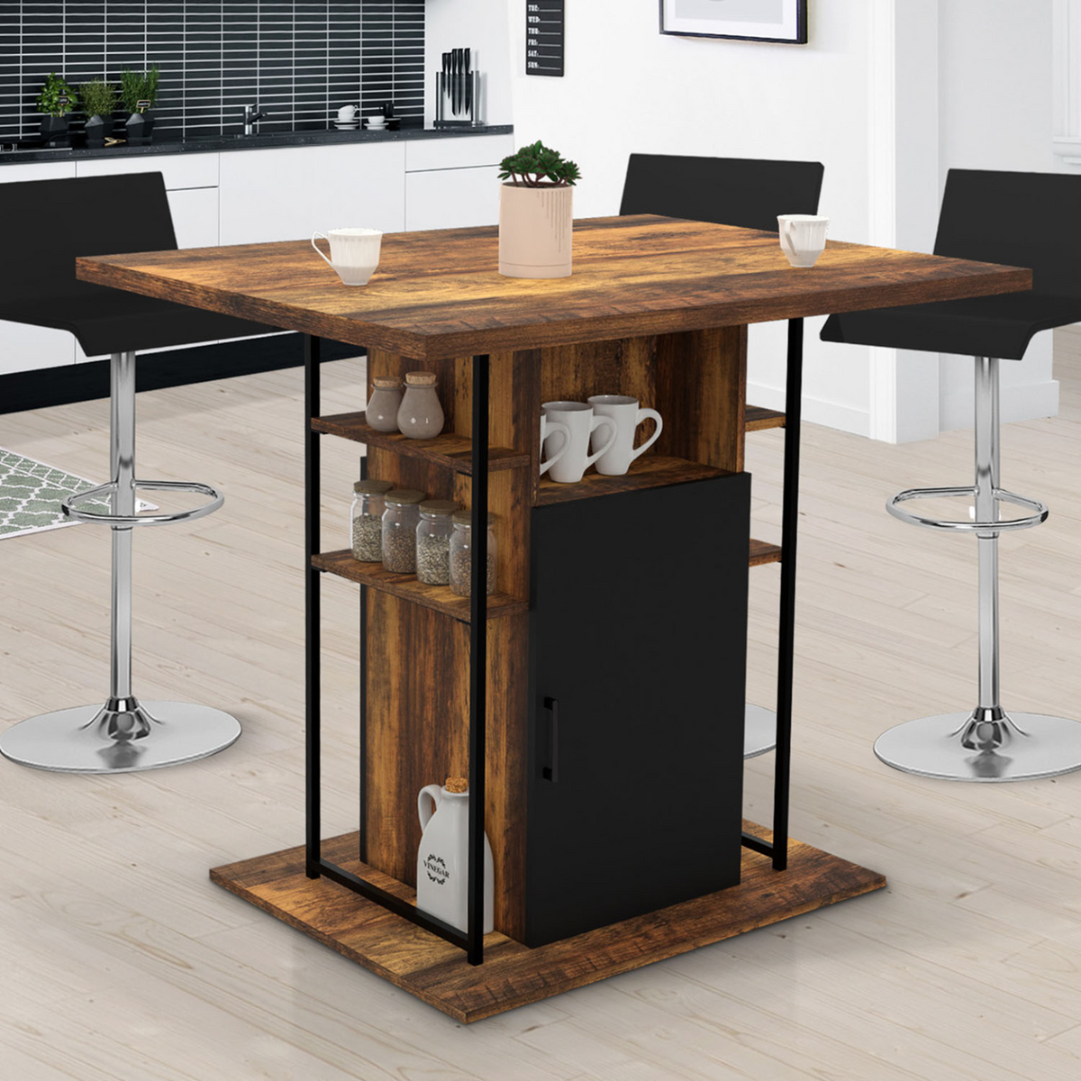 Îlot central UGO 110 cm bois noir et effet bois foncé HAWKINS avec rangements design industriel