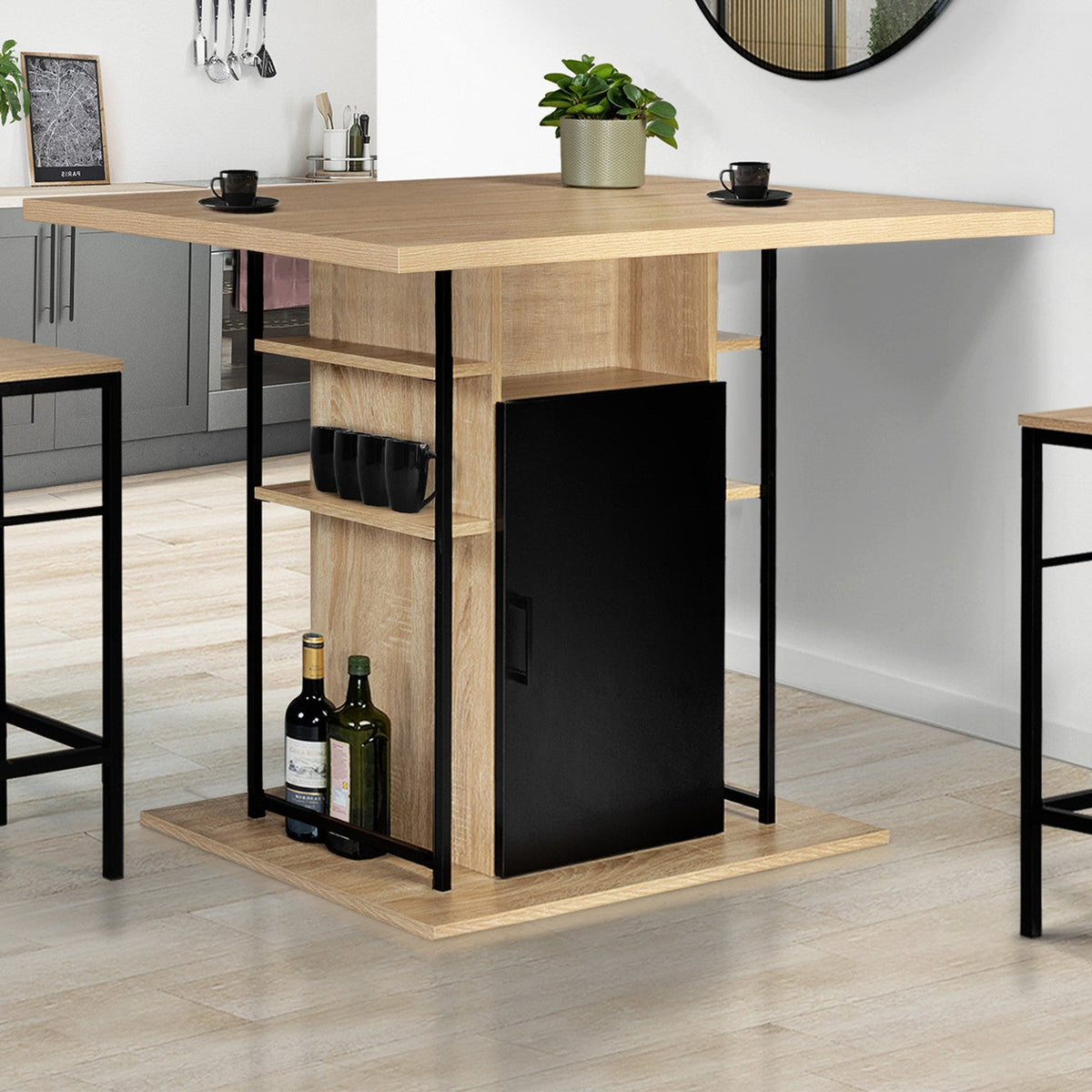 Îlot central UGO 110 cm bois noir et imitation hêtre avec rangements design industriel