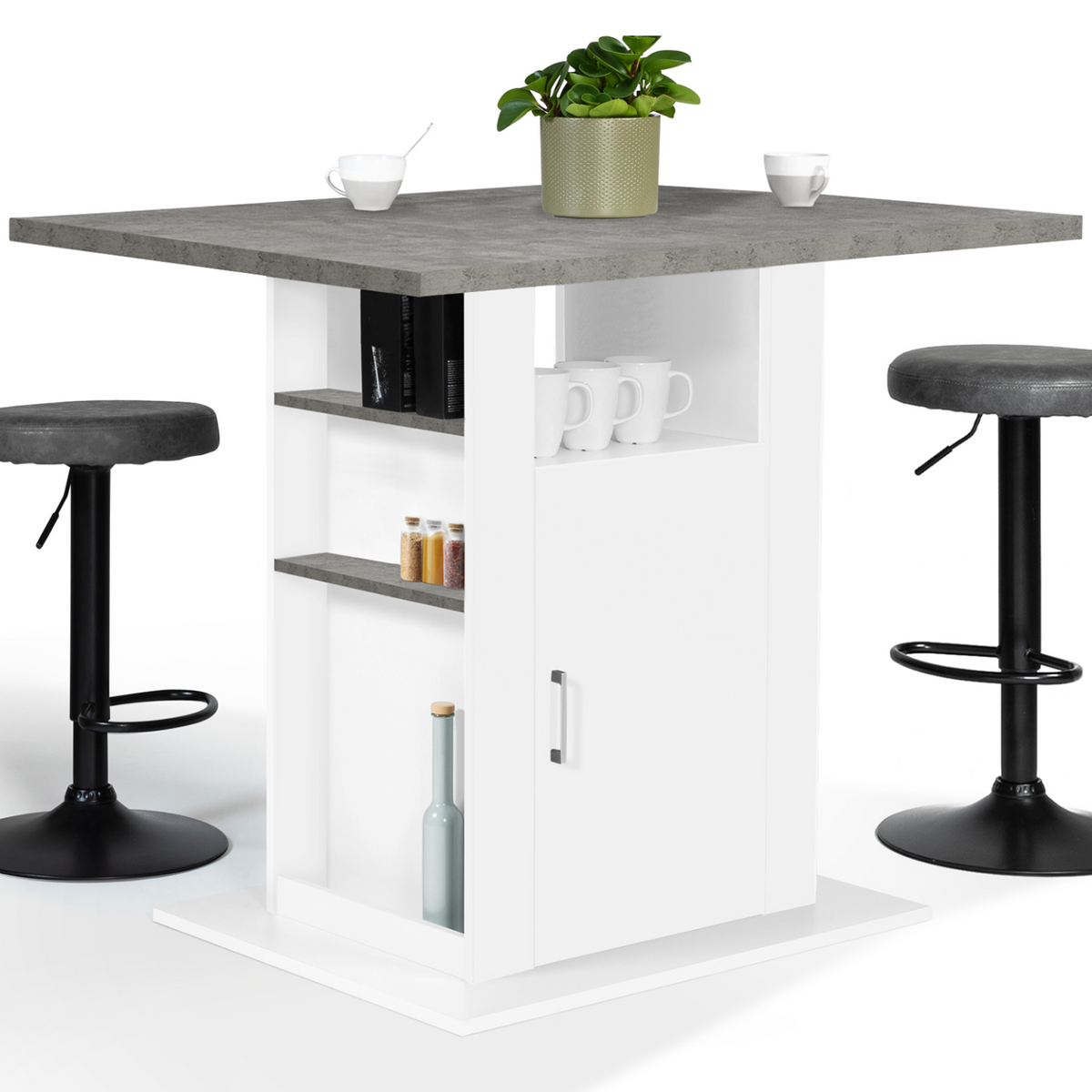 Îlot central UGO 110 cm plateau effet béton et blanc avec rangements