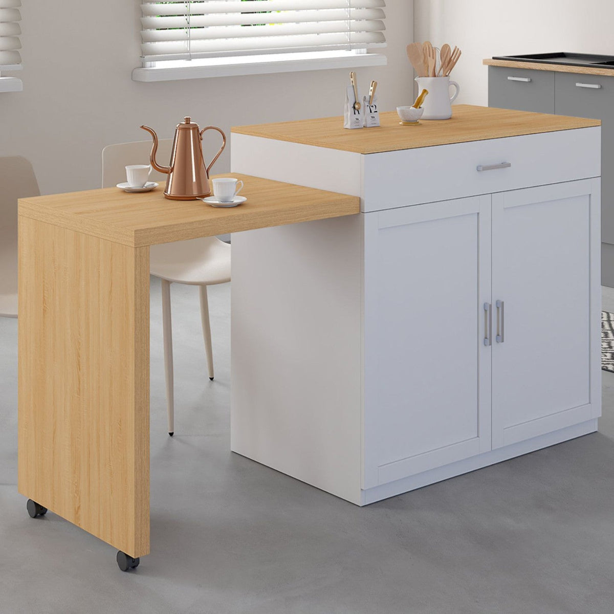 Îlot central VITO 94-155 cm bois blanc avec table à manger extensible intégrée façon hêtre