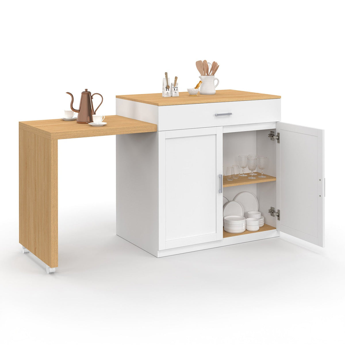 Îlot central VITO 94-155 cm bois blanc avec table à manger extensible intégrée façon hêtre
