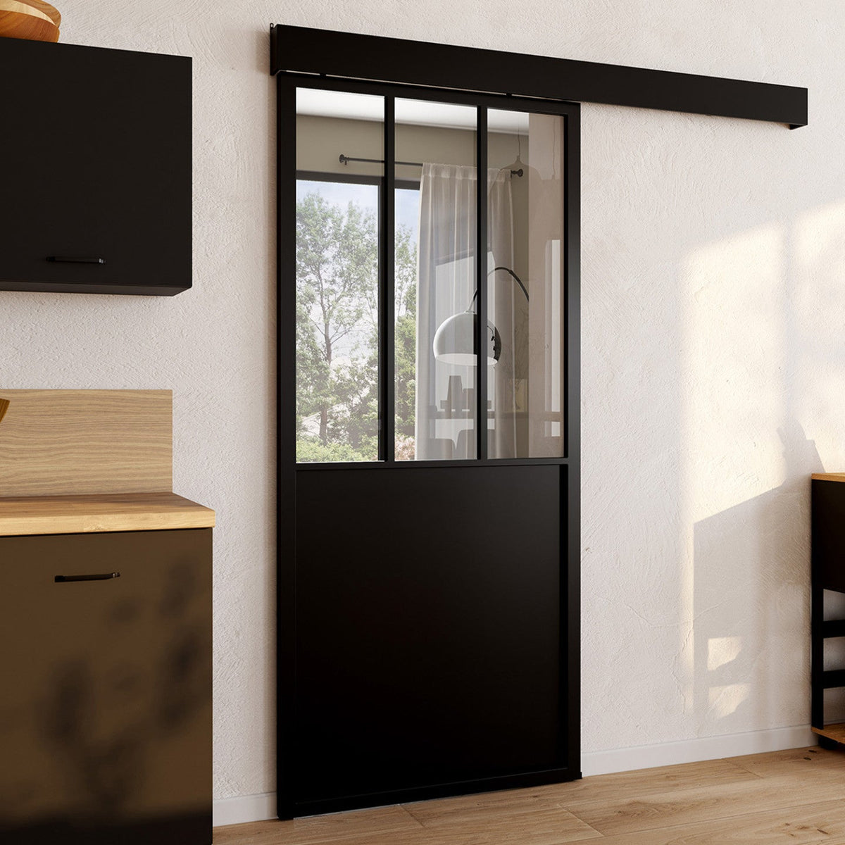 Kit porte coulissante verrière en verre trempé 93 cm en métal + MDF avec rail et fixations