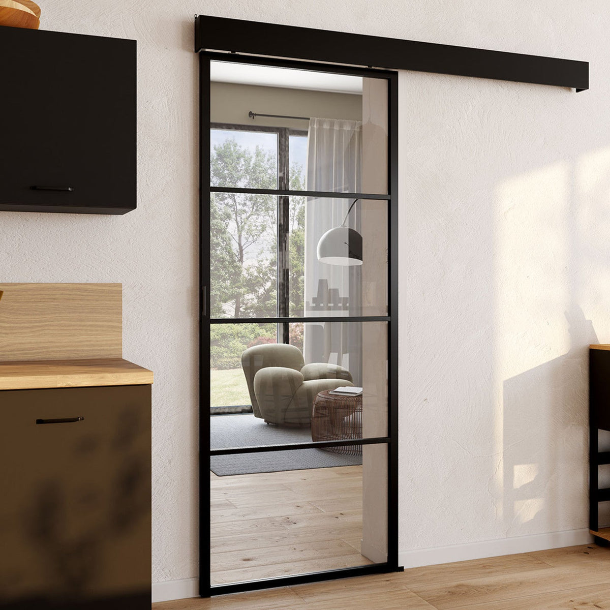 Kit porte coulissante vitrée en verre trempé 83 cm, métal et MDF, avec rail et fixations
