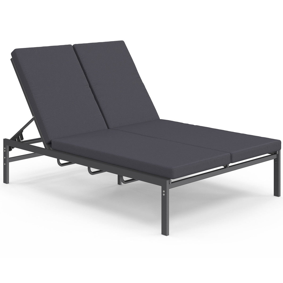 Lit bain de soleil double, transat de jardin 2 places inclinable, chaise longue en acier avec matelas gris anthracite