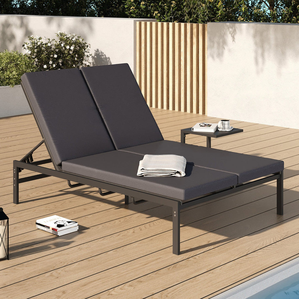 Lit bain de soleil double, transat de jardin 2 places inclinable, chaise longue en acier avec matelas gris anthracite