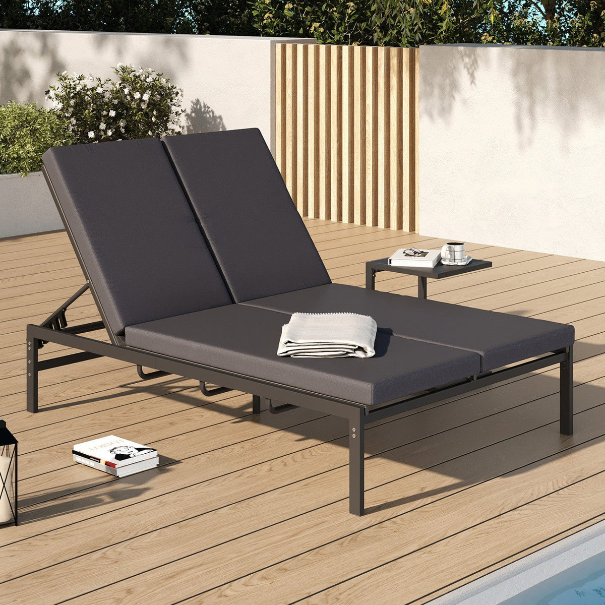 Lit bain de soleil double, transat de jardin 2 places inclinable, chaise longue en acier avec matelas gris anthracite