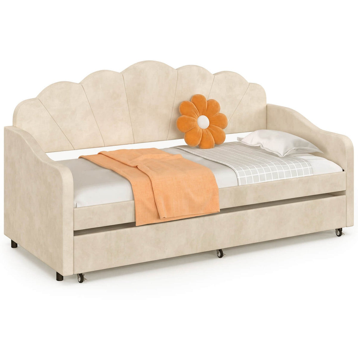 Lit banquette gigogne coquillage AMANDA 2 x 90 x 190 cm avec 2 sommiers velours beige