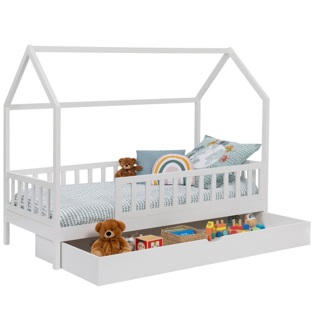 Lit cabane enfant 80 x 160 cm NEREE blanc avec 1 tiroir gigogne et de rangement