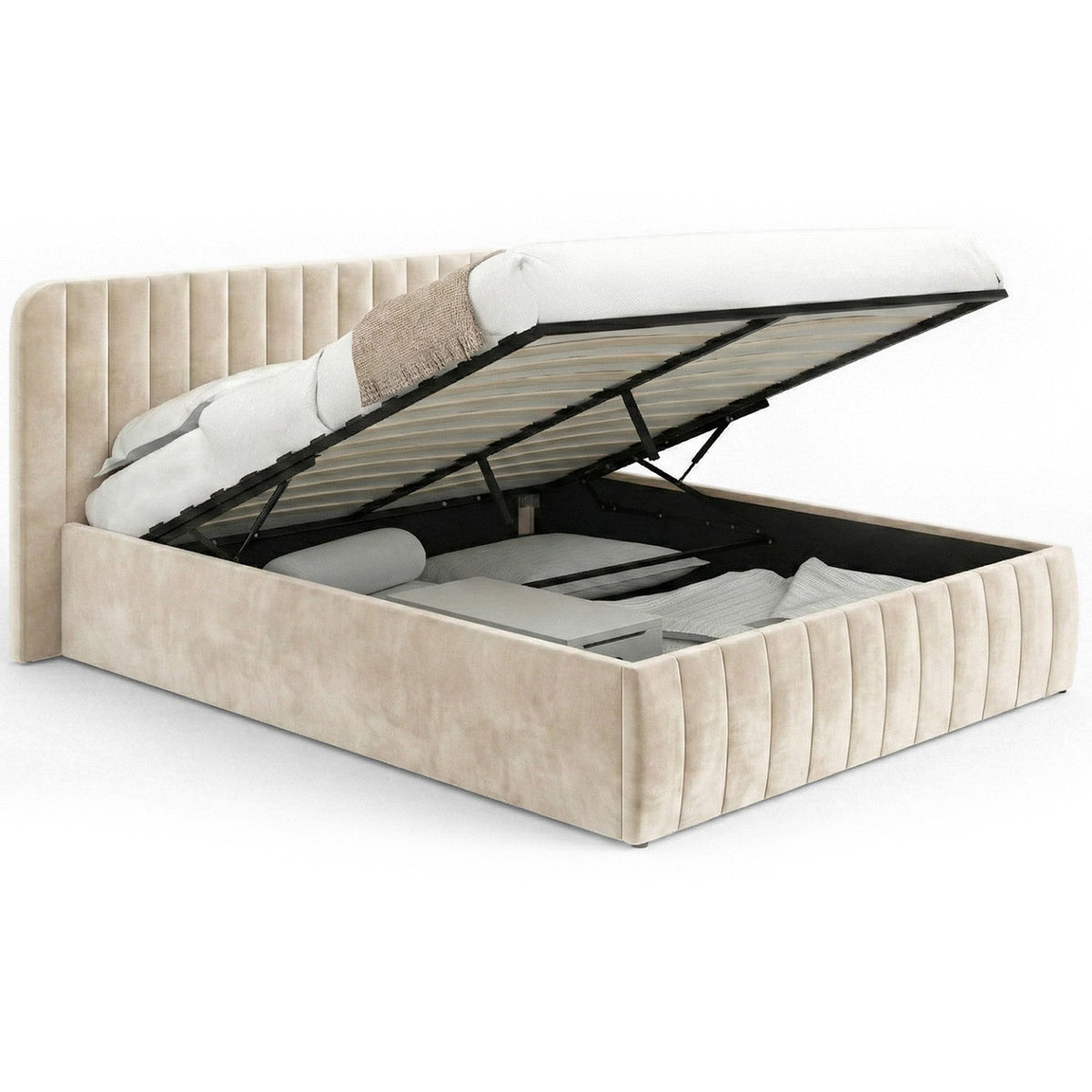 Lit coffre double ALBA avec tête de lit et sommier 140 x 190 cm velours beige