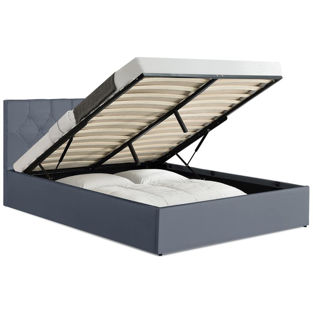 Lit coffre double AUSTIN avec tête de lit et sommier 140 x 190 cm PVC gris