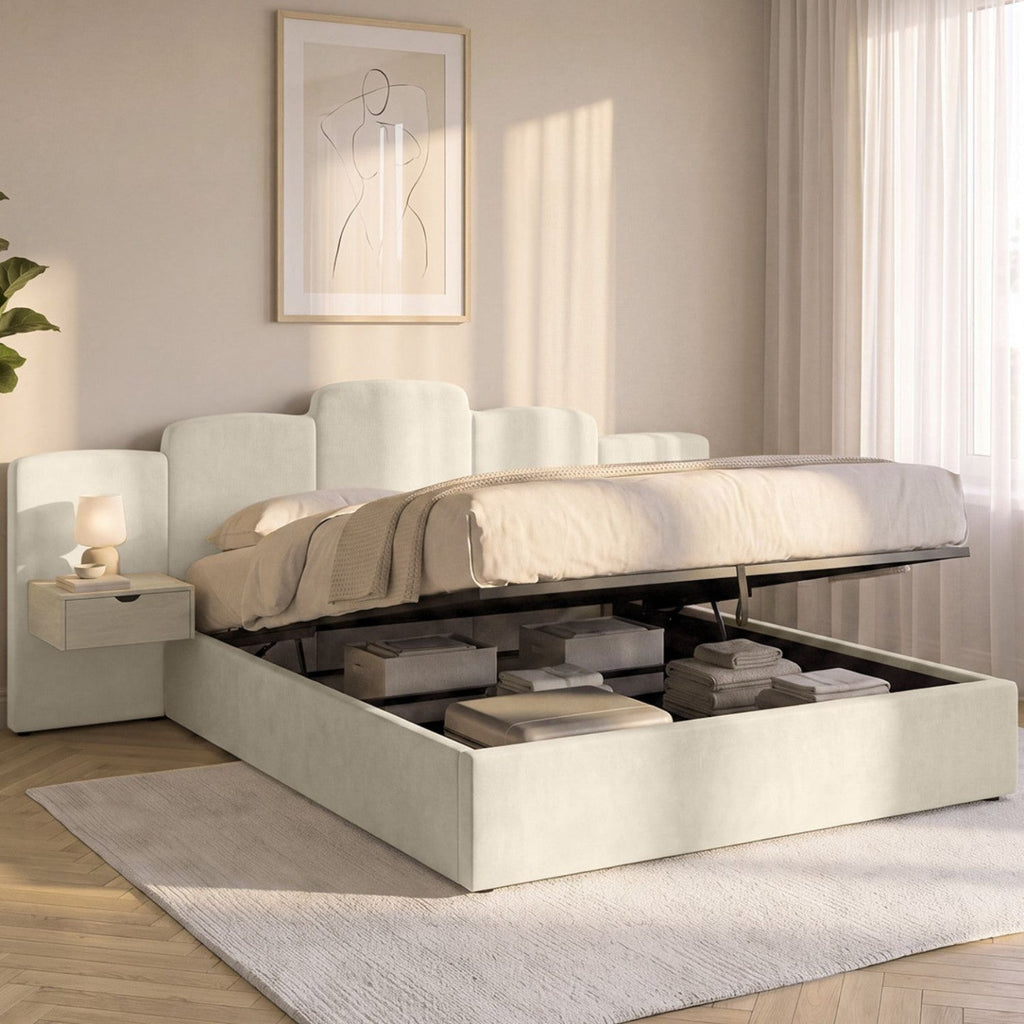 Lit coffre double CLOUD avec tête de lit matelassée + tables de chevet intégrées et sommier 160 x 200 cm velours beige