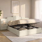 Lit coffre double CLOUD avec tête de lit matelassée + tables de chevet intégrées et sommier 160 x 200 cm velours beige