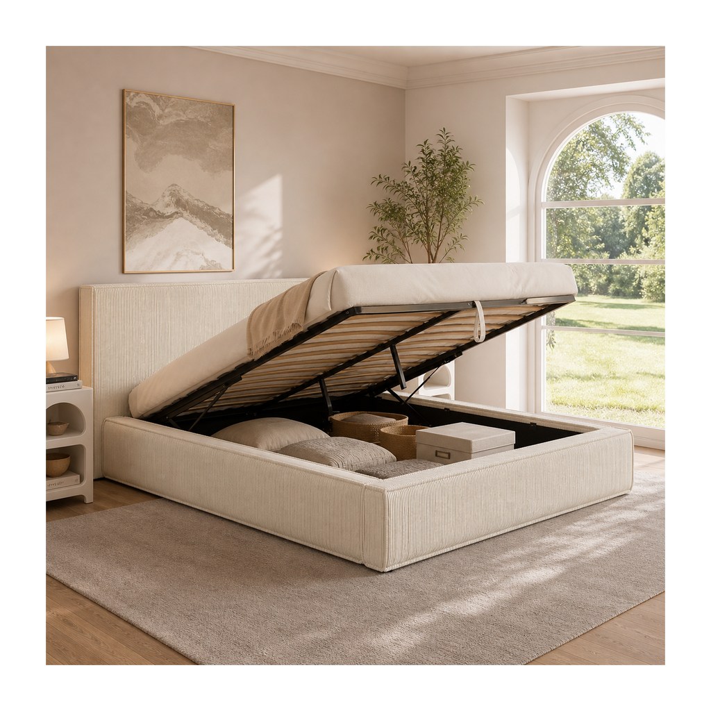 Lit coffre double JADE avec sommier 140 x 190 cm velours côtelé beige