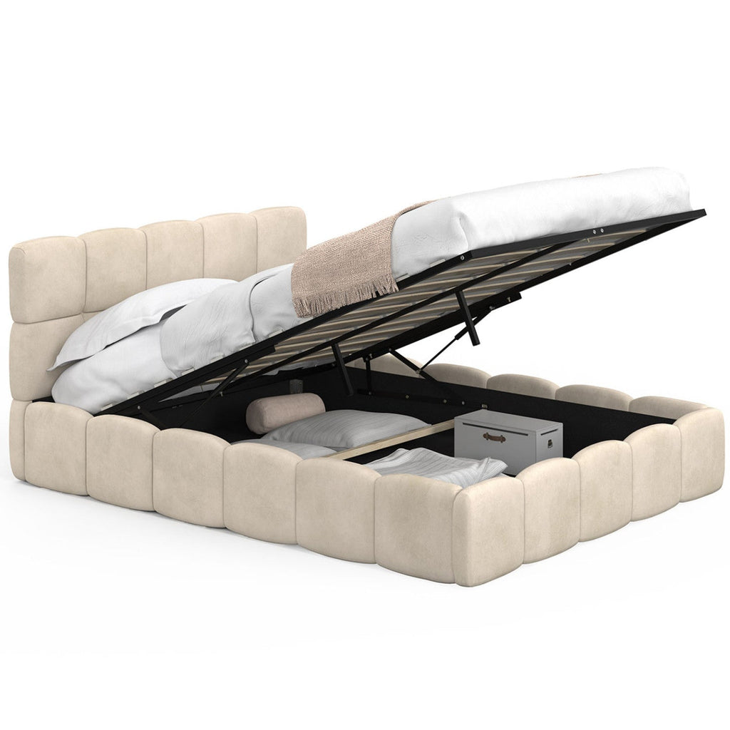 Lit coffre double NUAGE avec tête de lit matelassée et sommier 140 x 190 cm velours beige