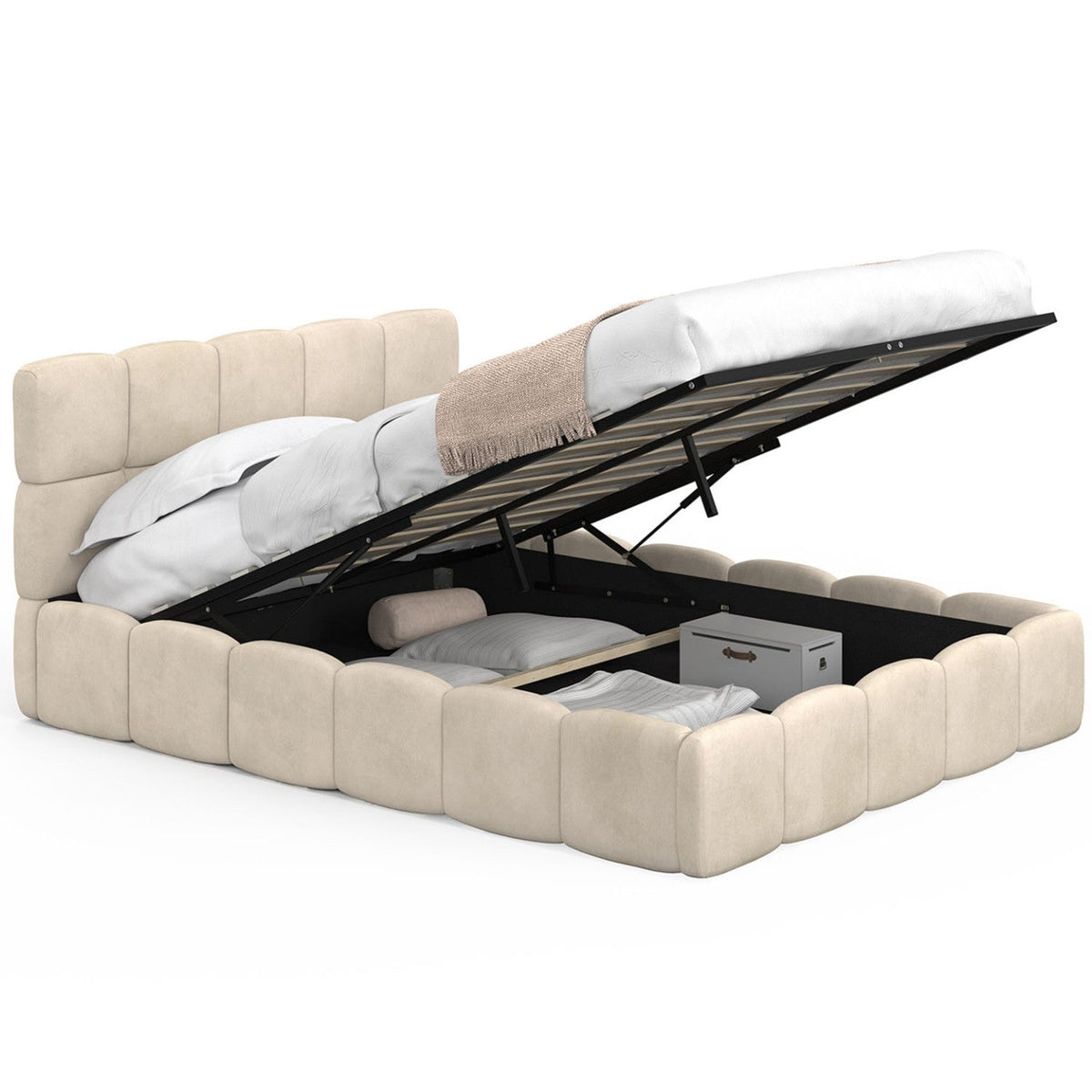 Lit coffre double NUAGE avec tête de lit matelassée et sommier 140 x 190 cm velours beige